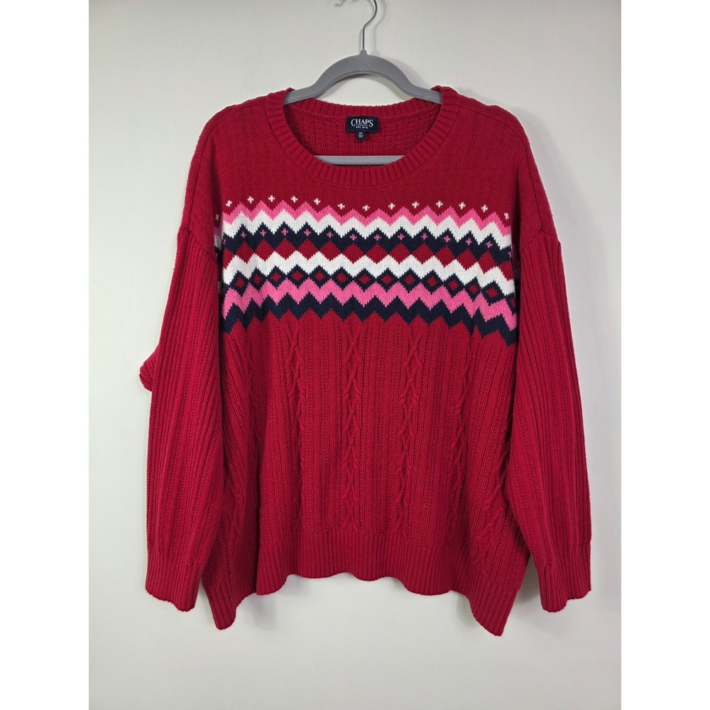 Chaps Women's 3X Red Fair Isle Cable Knit Sweater Crewneck Pink Navy White